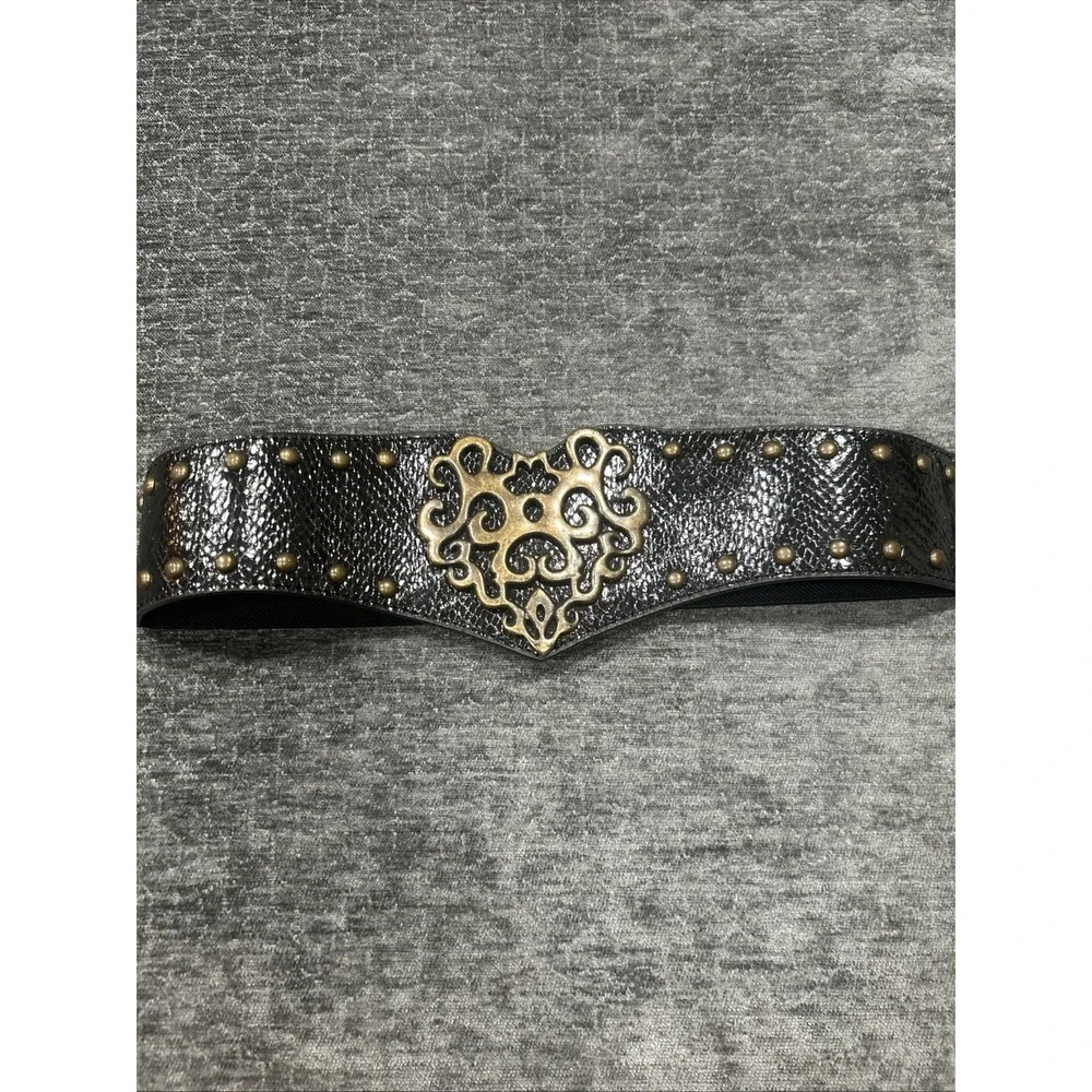 Womens Wide Stretch Waist Belt Black Faux Snakeskin Studded Filigree Buckle Boho